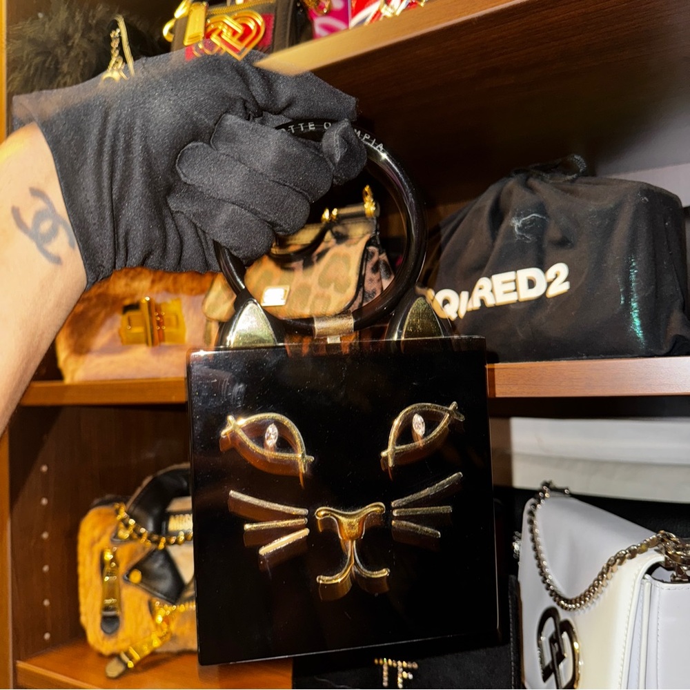 Charlotte Olympia Black Cat Handbag with Gold Accents